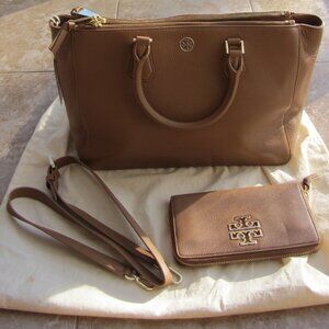 🎄NEW Tory Burch Glove Leather Double Handle Shoulder Tote Purse & Wallet Set